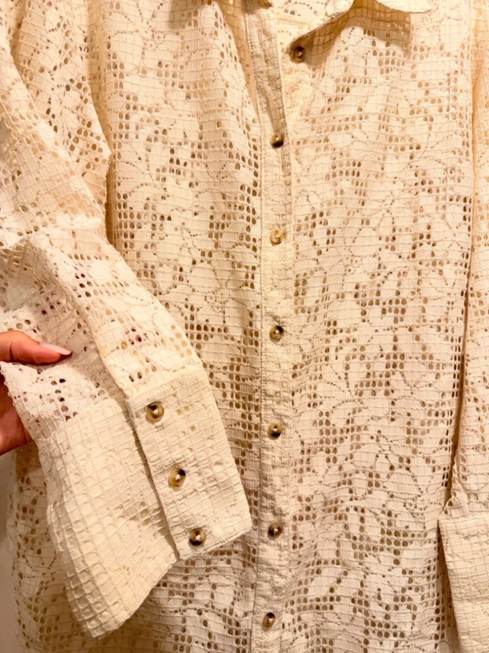 Free People Tea Lace Button Down Long Sleeve Boho Beach Summer Shirt Size Small